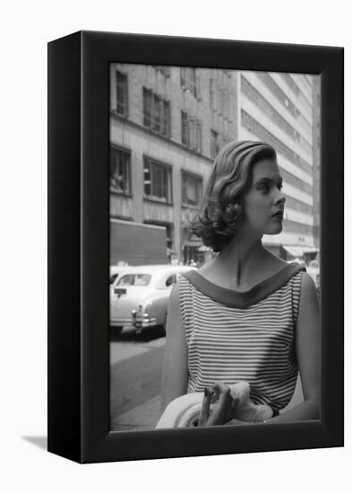 Woman Wearing Striped Shirt Modeling the Page Boy Hair Style on City Street, New York, NY, 1955-Nina Leen-Framed Premier Image Canvas