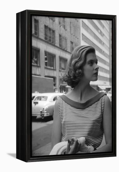 Woman Wearing Striped Shirt Modeling the Page Boy Hair Style on City Street, New York, NY, 1955-Nina Leen-Framed Premier Image Canvas