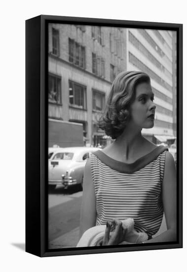 Woman Wearing Striped Shirt Modeling the Page Boy Hair Style on City Street, New York, NY, 1955-Nina Leen-Framed Premier Image Canvas