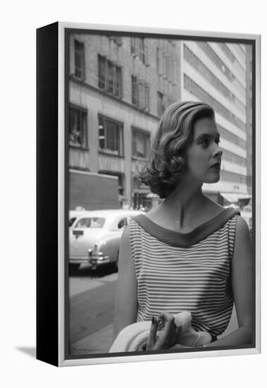 Woman Wearing Striped Shirt Modeling the Page Boy Hair Style on City Street, New York, NY, 1955-Nina Leen-Framed Premier Image Canvas