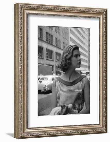 Woman Wearing Striped Shirt Modeling the Page Boy Hair Style on City Street, New York, NY, 1955-Nina Leen-Framed Photographic Print