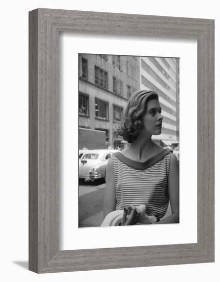 Woman Wearing Striped Shirt Modeling the Page Boy Hair Style on City Street, New York, NY, 1955-Nina Leen-Framed Photographic Print