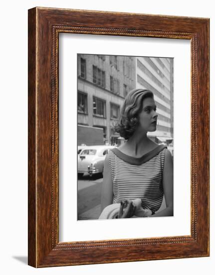 Woman Wearing Striped Shirt Modeling the Page Boy Hair Style on City Street, New York, NY, 1955-Nina Leen-Framed Photographic Print