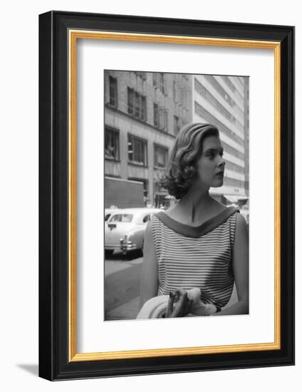 Woman Wearing Striped Shirt Modeling the Page Boy Hair Style on City Street, New York, NY, 1955-Nina Leen-Framed Photographic Print