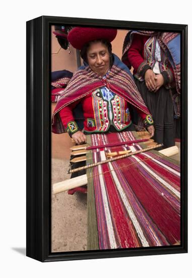 Woman Weaving at Backstrap Loom, Weaving Cooperative, Chinchero, Peru-Merrill Images-Framed Premier Image Canvas