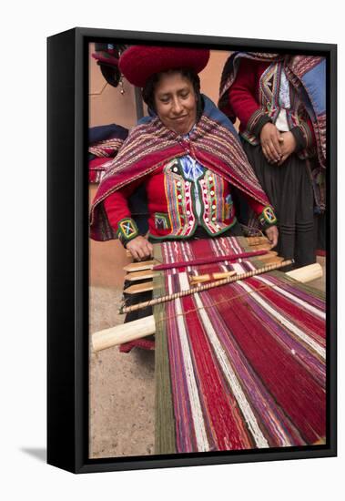 Woman Weaving at Backstrap Loom, Weaving Cooperative, Chinchero, Peru-Merrill Images-Framed Premier Image Canvas