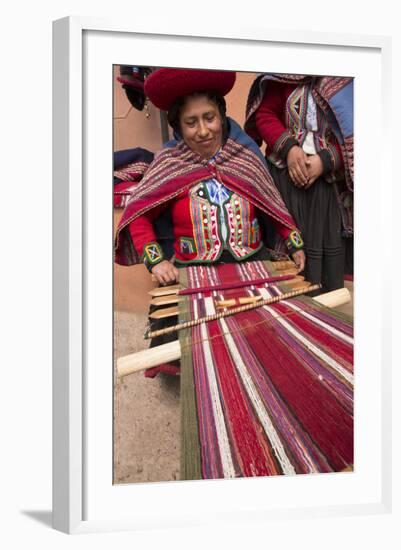 Woman Weaving at Backstrap Loom, Weaving Cooperative, Chinchero, Peru-Merrill Images-Framed Photographic Print