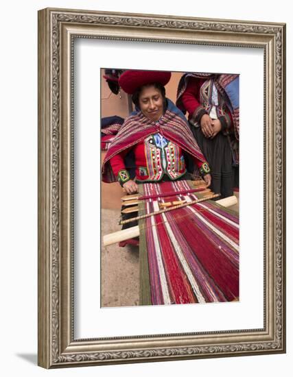 Woman Weaving at Backstrap Loom, Weaving Cooperative, Chinchero, Peru-Merrill Images-Framed Photographic Print