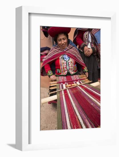 Woman Weaving at Backstrap Loom, Weaving Cooperative, Chinchero, Peru-Merrill Images-Framed Photographic Print