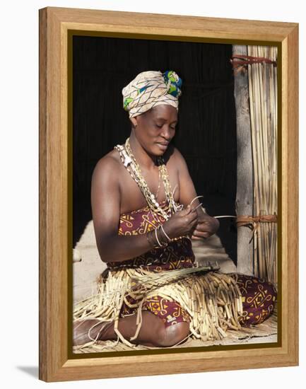 Woman Weaving Reeds, Kxoe Village, Kwando River Area, Caprivi Strip, Eastern Namibia-Kim Walker-Framed Premier Image Canvas