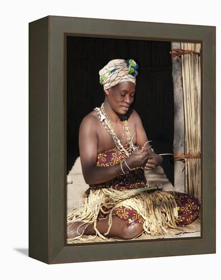 Woman Weaving Reeds, Kxoe Village, Kwando River Area, Caprivi Strip, Eastern Namibia-Kim Walker-Framed Premier Image Canvas