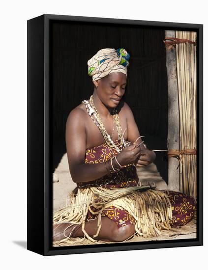 Woman Weaving Reeds, Kxoe Village, Kwando River Area, Caprivi Strip, Eastern Namibia-Kim Walker-Framed Premier Image Canvas