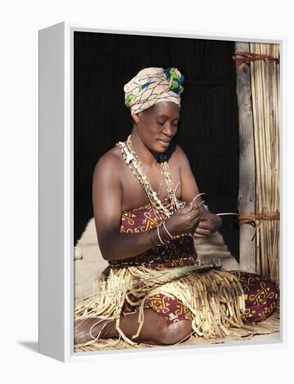 Woman Weaving Reeds, Kxoe Village, Kwando River Area, Caprivi Strip, Eastern Namibia-Kim Walker-Framed Premier Image Canvas