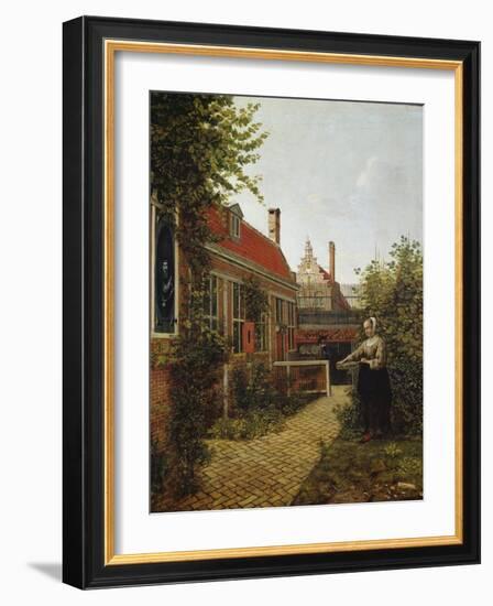 Woman with a Basket of Beans in a Kitchen Garden. Ca. 1660-Pieter de Hooch-Framed Giclee Print