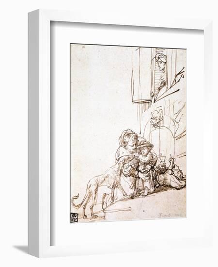 Woman with a Child Afraid of a Dog, 17th Century-Rembrandt van Rijn-Framed Giclee Print