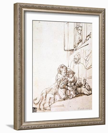 Woman with a Child Afraid of a Dog, 17th Century-Rembrandt van Rijn-Framed Giclee Print