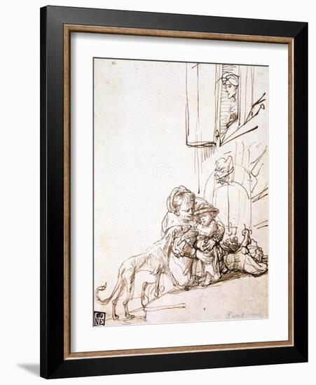 Woman with a Child Afraid of a Dog, 17th Century-Rembrandt van Rijn-Framed Giclee Print