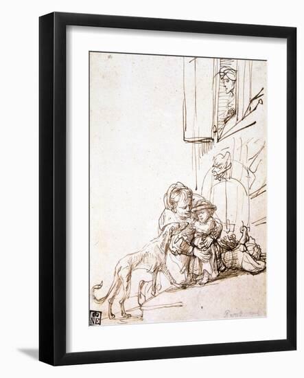 Woman with a Child Afraid of a Dog, 17th Century-Rembrandt van Rijn-Framed Giclee Print