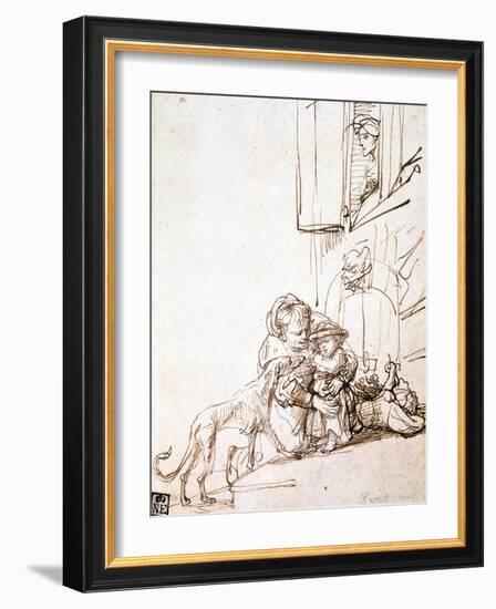 Woman with a Child Afraid of a Dog, 17th Century-Rembrandt van Rijn-Framed Giclee Print