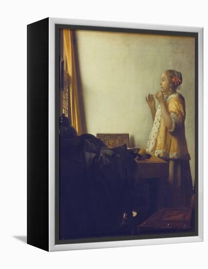 Woman with a Pearl Necklace, 1664-Johannes Vermeer-Framed Premier Image Canvas