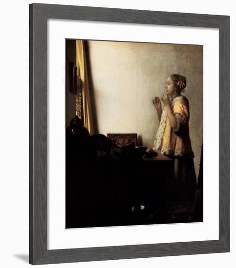 Woman with a Pearl Necklace-Johannes Vermeer-Framed Art Print