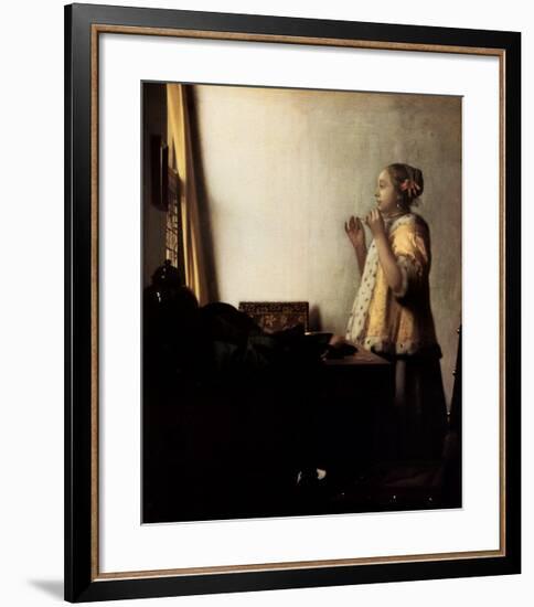 Woman with a Pearl Necklace-Johannes Vermeer-Framed Art Print