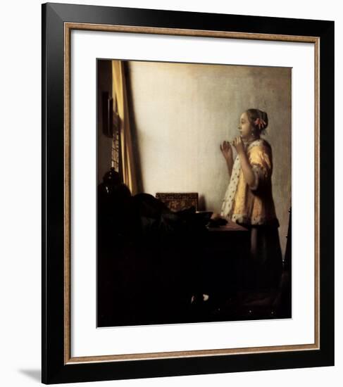 Woman with a Pearl Necklace-Johannes Vermeer-Framed Art Print