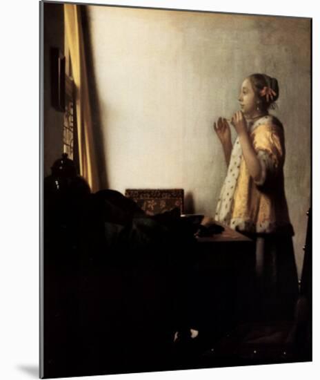 Woman with a Pearl Necklace-Johannes Vermeer-Mounted Art Print