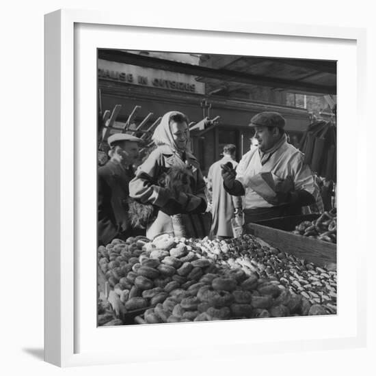 Woman with a Small Terrier Buying Bagels at a Market Stall, Possibly London, C.1945-50-null-Framed Premium Giclee Print