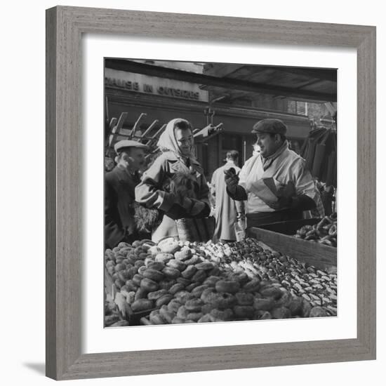 Woman with a Small Terrier Buying Bagels at a Market Stall, Possibly London, C.1945-50-null-Framed Giclee Print