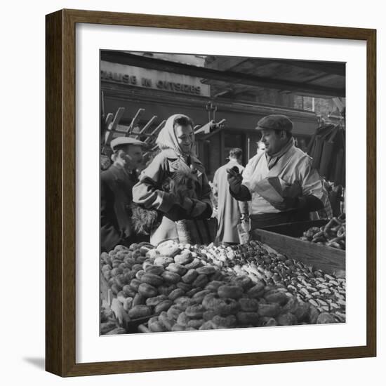 Woman with a Small Terrier Buying Bagels at a Market Stall, Possibly London, C.1945-50-null-Framed Giclee Print