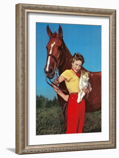 Woman with Collie Puppy and Horse-null-Framed Art Print