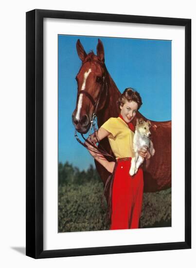 Woman with Collie Puppy and Horse-null-Framed Art Print