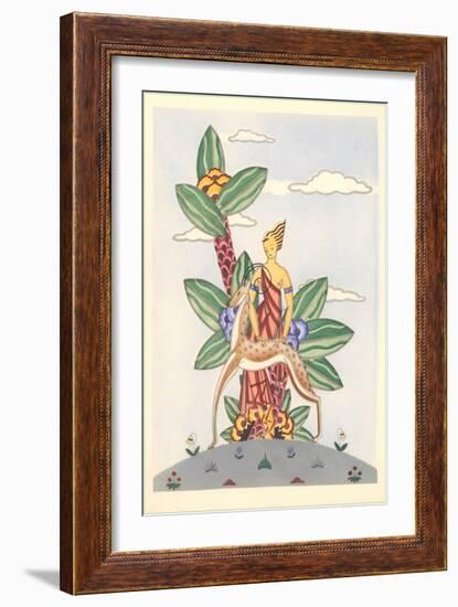 Woman with Gazelle and Surrealistic Plant-null-Framed Art Print