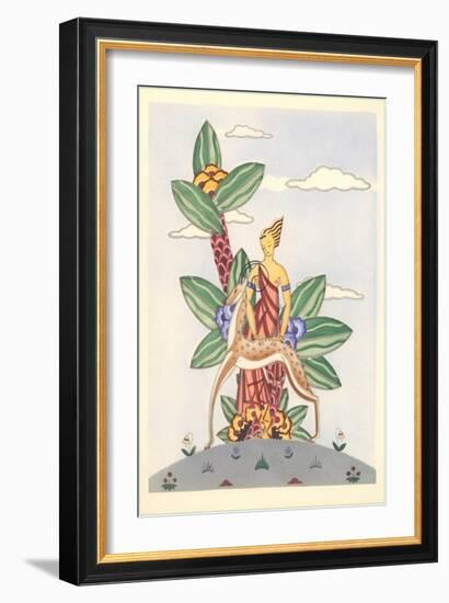 Woman with Gazelle and Surrealistic Plant-null-Framed Art Print