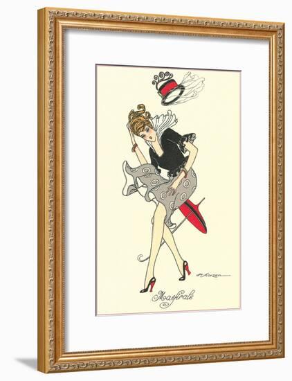 Woman with Hat Blowing Off in Wind-null-Framed Art Print