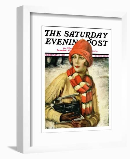 "Woman with Ice Skates," Saturday Evening Post Cover, February 5, 1927-Edna Crompton-Framed Giclee Print