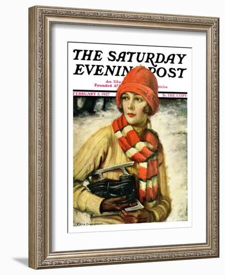 "Woman with Ice Skates," Saturday Evening Post Cover, February 5, 1927-Edna Crompton-Framed Giclee Print