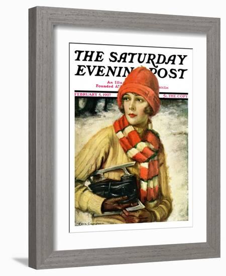 "Woman with Ice Skates," Saturday Evening Post Cover, February 5, 1927-Edna Crompton-Framed Giclee Print