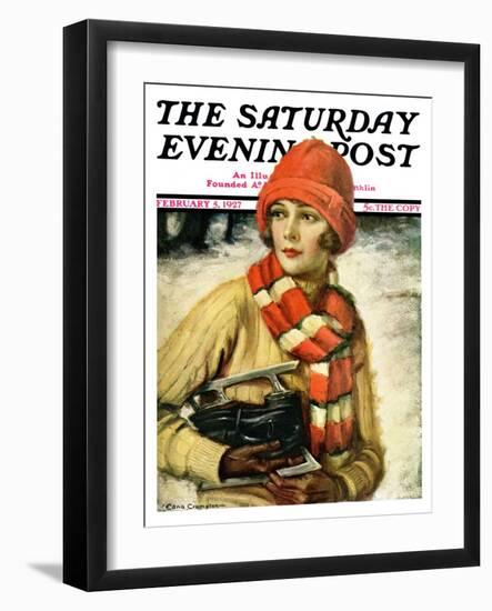"Woman with Ice Skates," Saturday Evening Post Cover, February 5, 1927-Edna Crompton-Framed Giclee Print