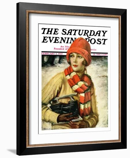 "Woman with Ice Skates," Saturday Evening Post Cover, February 5, 1927-Edna Crompton-Framed Giclee Print