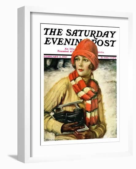 "Woman with Ice Skates," Saturday Evening Post Cover, February 5, 1927-Edna Crompton-Framed Giclee Print