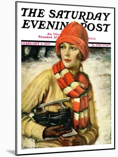 "Woman with Ice Skates," Saturday Evening Post Cover, February 5, 1927-Edna Crompton-Mounted Giclee Print