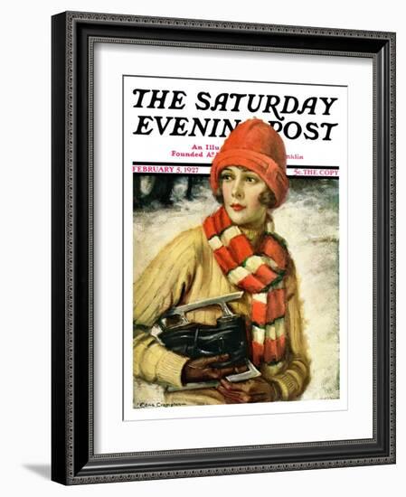 "Woman with Ice Skates," Saturday Evening Post Cover, February 5, 1927-Edna Crompton-Framed Giclee Print