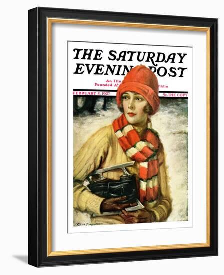 "Woman with Ice Skates," Saturday Evening Post Cover, February 5, 1927-Edna Crompton-Framed Giclee Print