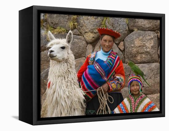 Woman with Llama, Boy, and Parrot, Sacsayhuaman Inca Ruins, Cusco, Peru-Dennis Kirkland-Framed Premier Image Canvas