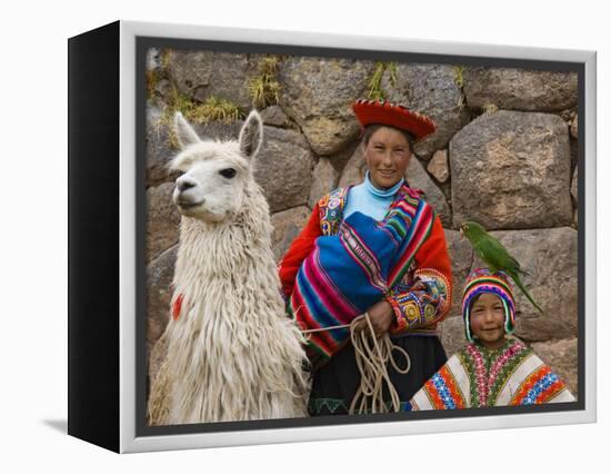 Woman with Llama, Boy, and Parrot, Sacsayhuaman Inca Ruins, Cusco, Peru-Dennis Kirkland-Framed Premier Image Canvas