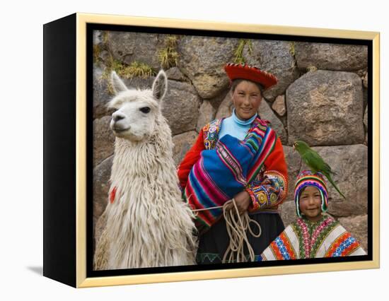 Woman with Llama, Boy, and Parrot, Sacsayhuaman Inca Ruins, Cusco, Peru-Dennis Kirkland-Framed Premier Image Canvas