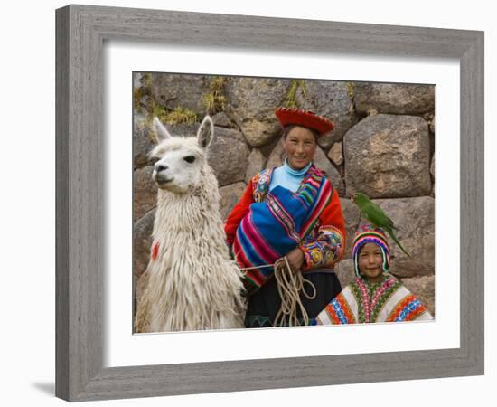 Woman with Llama, Boy, and Parrot, Sacsayhuaman Inca Ruins, Cusco, Peru-Dennis Kirkland-Framed Photographic Print