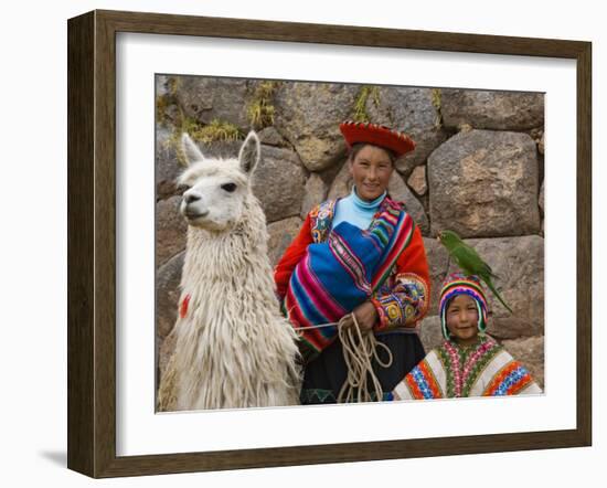 Woman with Llama, Boy, and Parrot, Sacsayhuaman Inca Ruins, Cusco, Peru-Dennis Kirkland-Framed Photographic Print